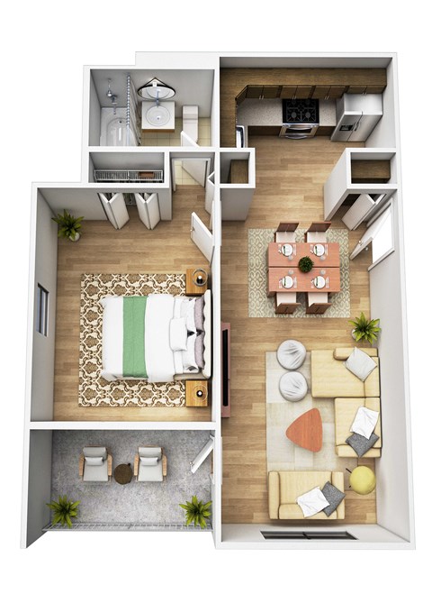 Floor plan for 1 bed, 1 bath, 593 sqft